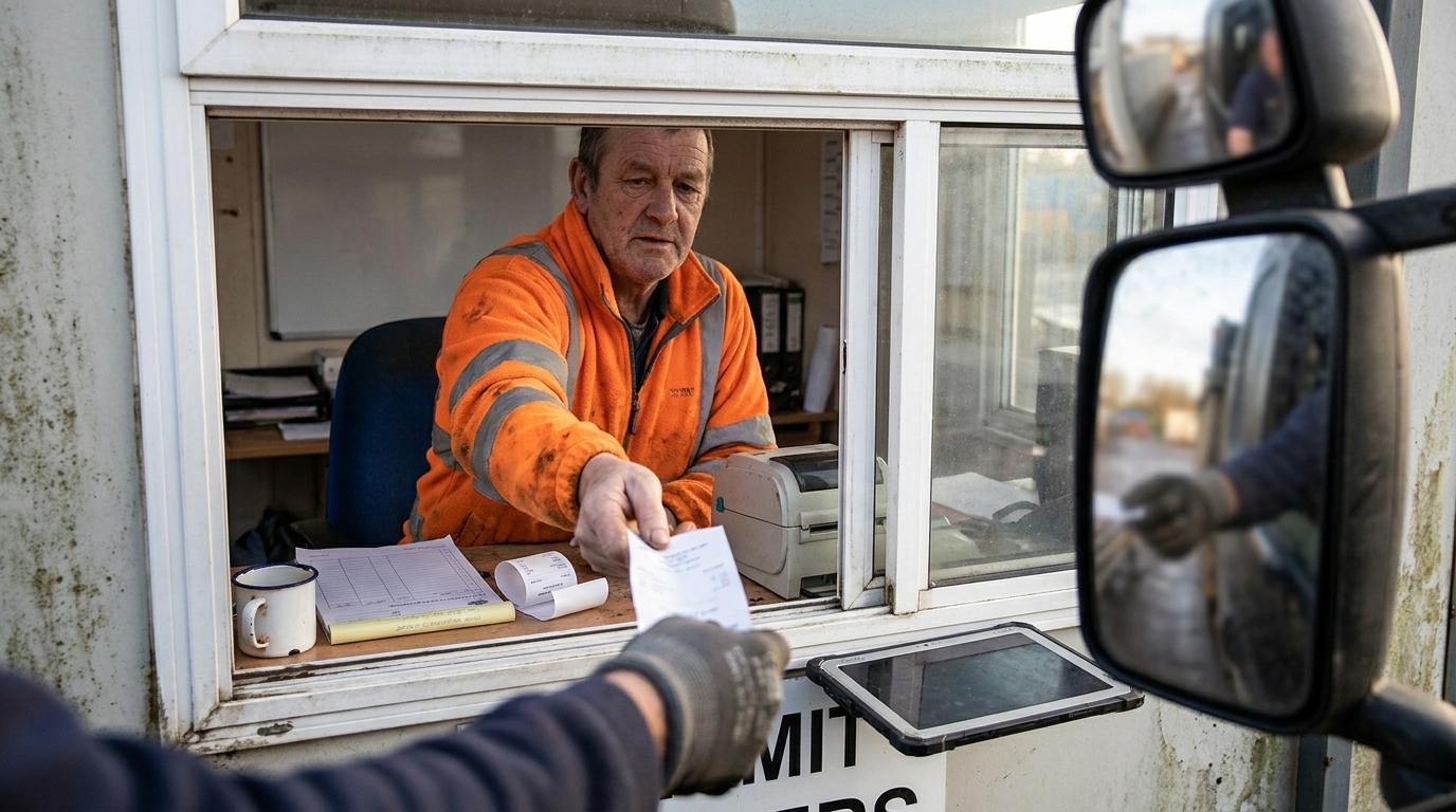 A weighbridge operator in worn hi-vis inside a portacabin office handing a printed weighbridge ticket out through the sliding window to a lorry driver, with a duplicate paper waste transfer note pad, a ticket printer and a rugged tablet on the desk beside him