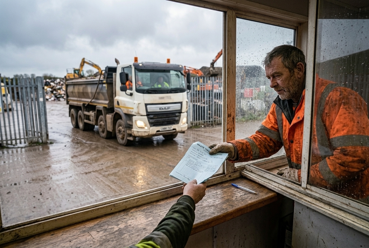 A weighbridge operator leaning out of the portacabin gatehouse window to take a paper waste transfer note from a lorry driver at the site gate
