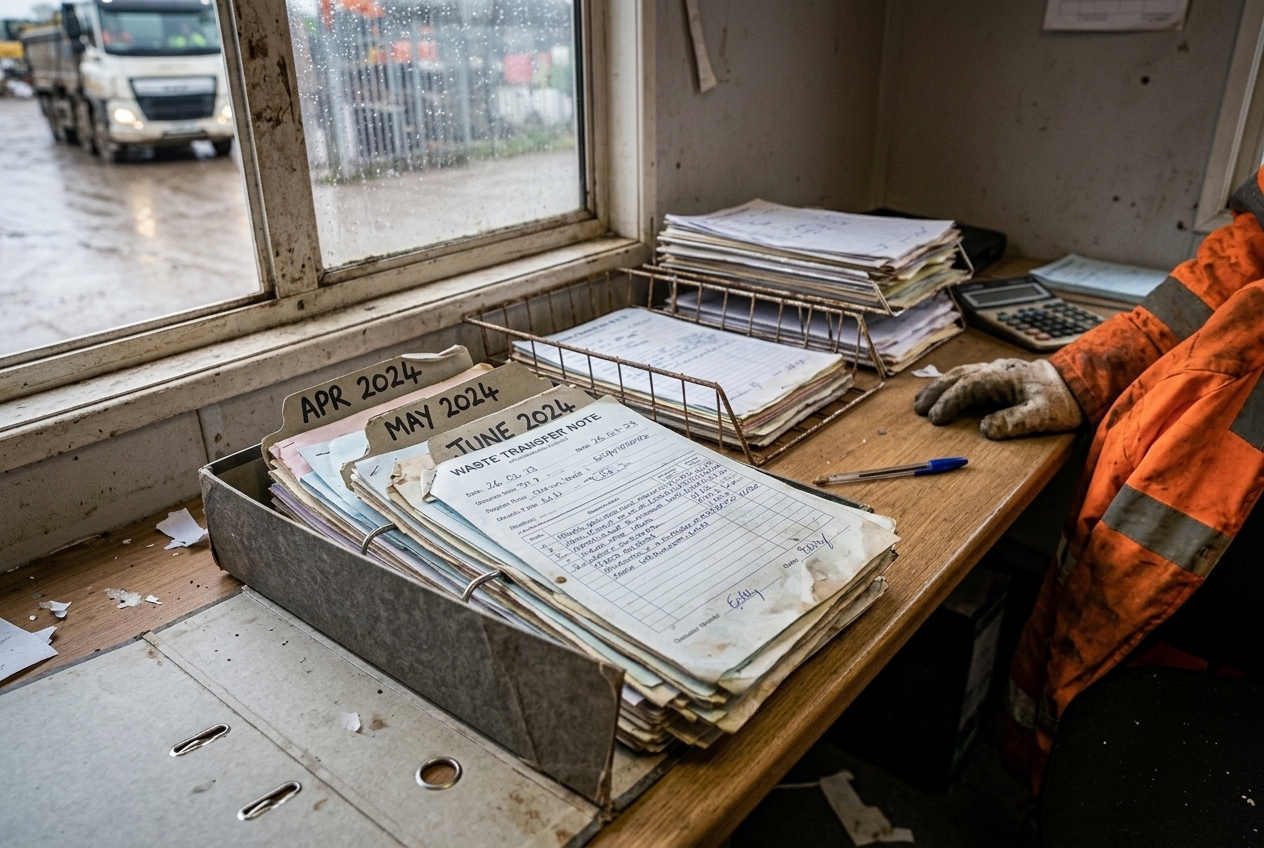 Filed waste transfer notes and hazardous waste consignment notes in a box file with month dividers in a site office, kept for the retention period