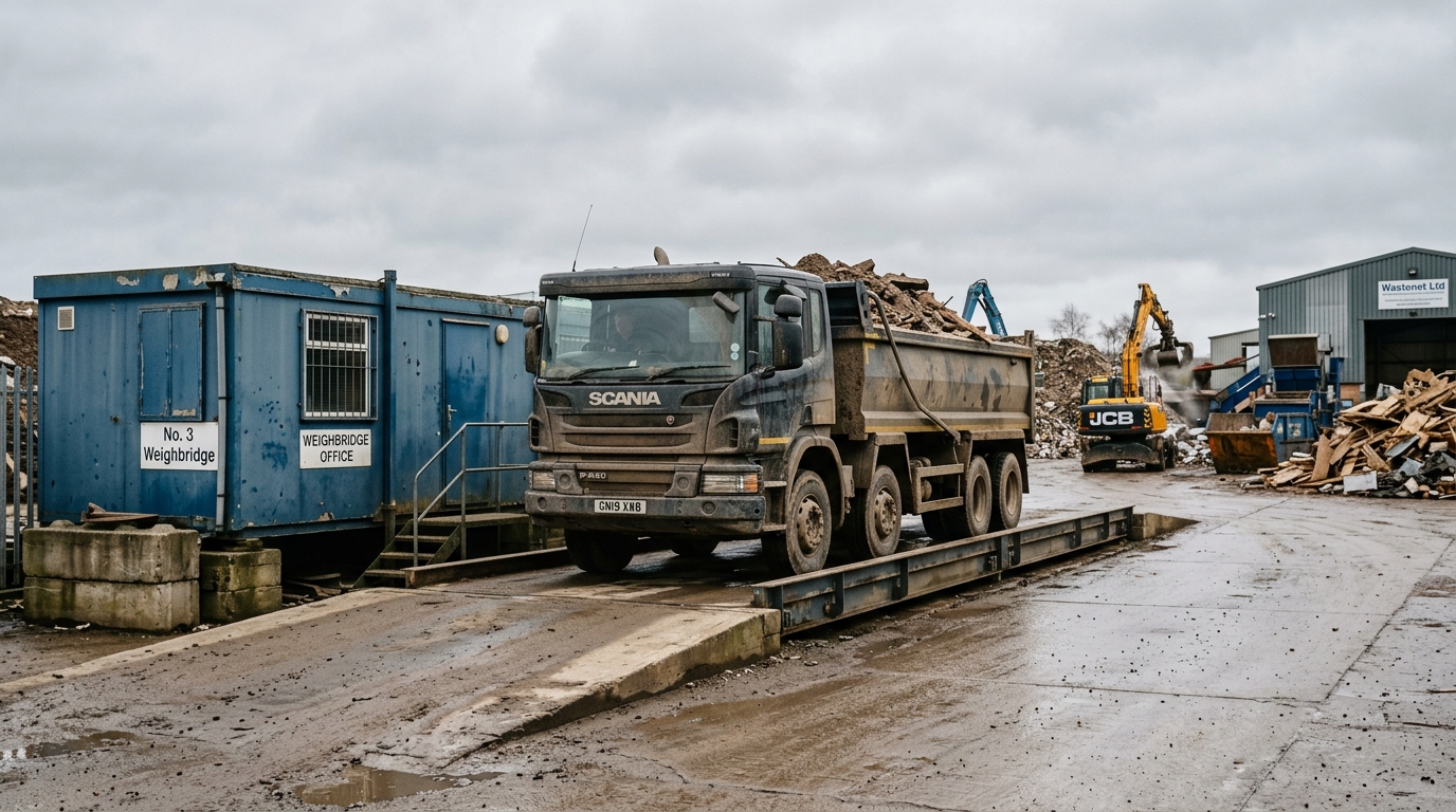 A laden British tipper waiting on the weighbridge deck at a waste transfer site, viewed from the approach road under overcast light.