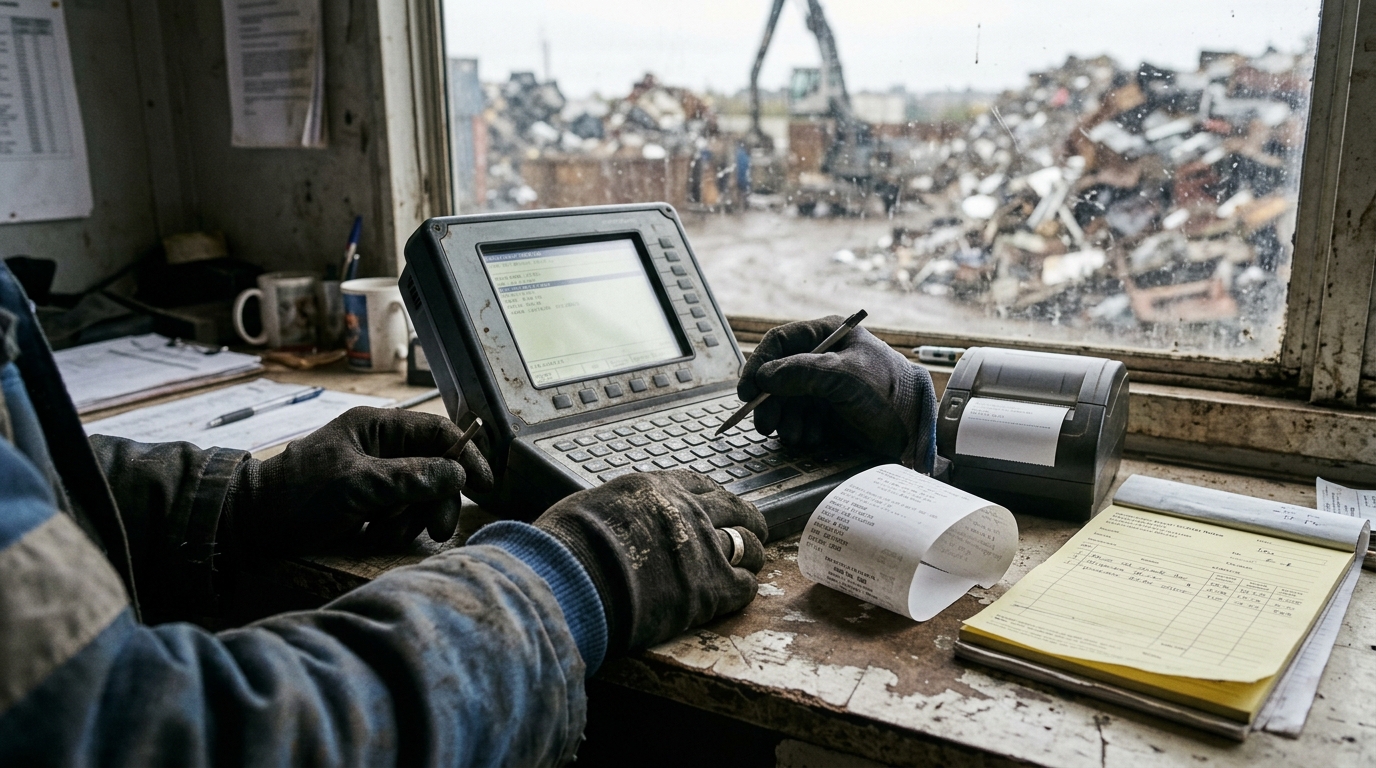 A weighbridge operator inside a portacabin keying load details into a rugged desktop terminal, a waste transfer yard visible through the window.