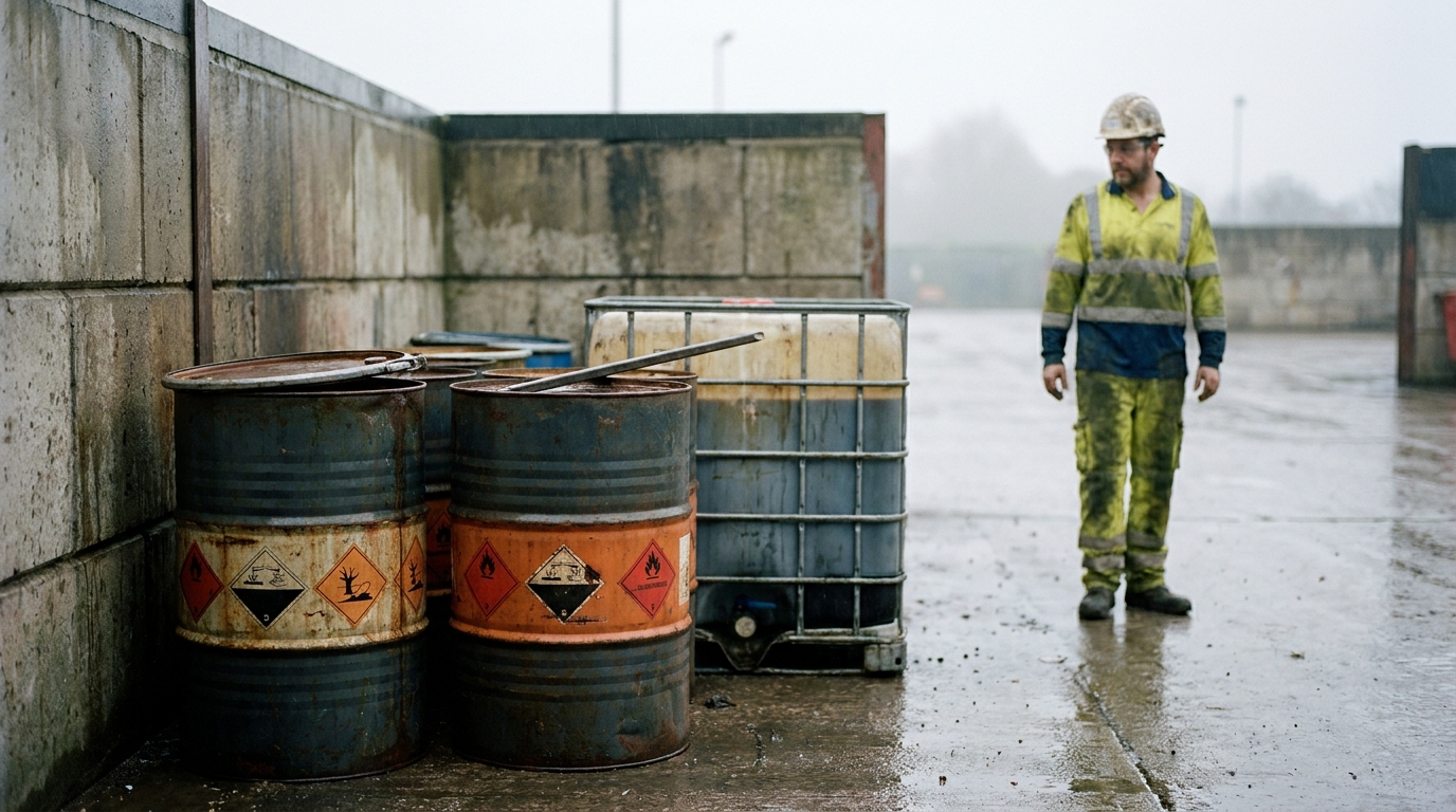 Weathered drums with hazard-diamond labels in a quarantine bay at a UK waste site, a worker in hi-vis considering them in the background