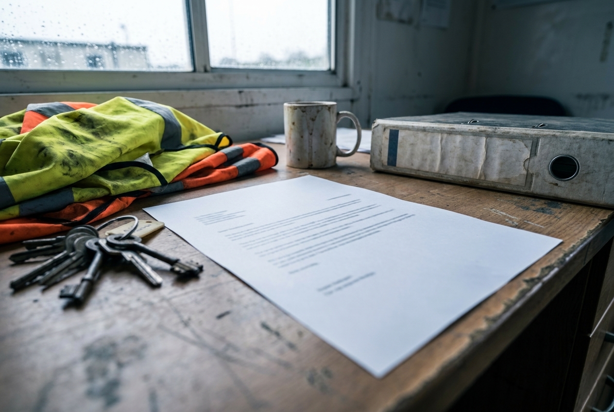 A formal typed official letter on a worn wooden desk in a UK waste-site portacabin office, next to a hi-vis vest, a bunch of iron yard keys, a mug and a battered permit ring-binder.