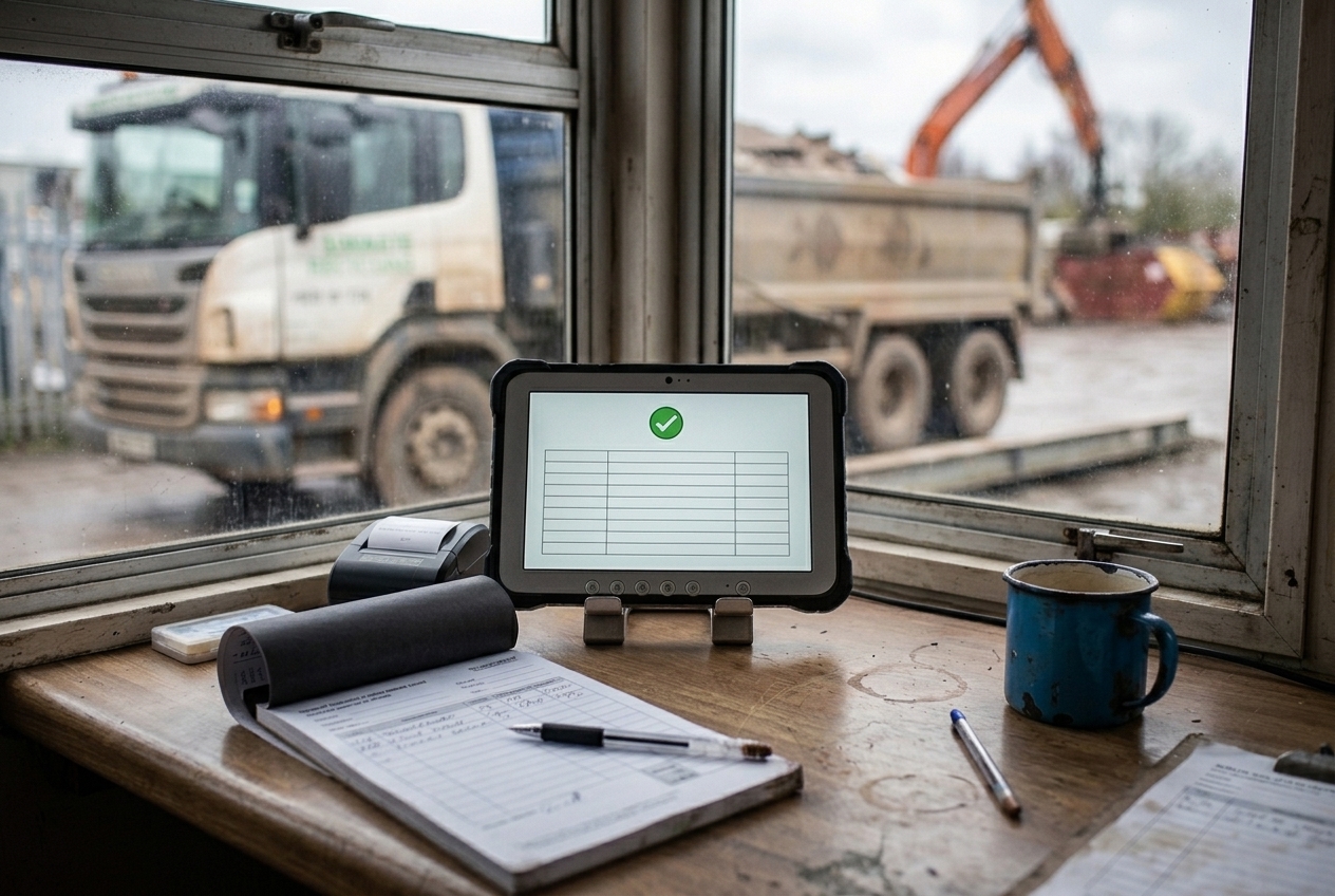 A rugged handheld tablet on a weighbridge office desk showing a completed digital waste record with a green confirmation tick, a duplicate paper waste transfer note pad and a ticket printer beside it, a mud-spattered tipper on the weighbridge deck through the portacabin window.
