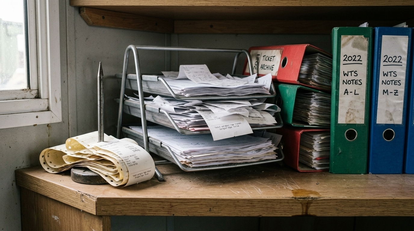 Box files labelled with year and date ranges of waste transfer notes stacked on a portacabin office shelf beside a document spike and an overflowing wire in-tray of paper weighbridge tickets