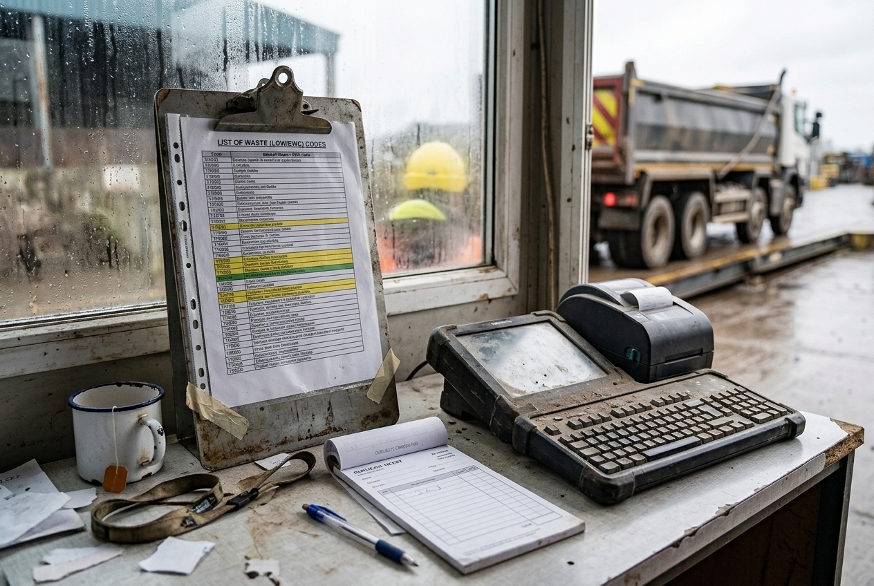 A laminated List of Waste (LoW/EWC) code reference sheet clipped at the edge of a UK weighbridge desk, several rows highlighted, next to a rugged terminal keyboard and a ticket printer, a tipper waiting on the plate through the misted window
