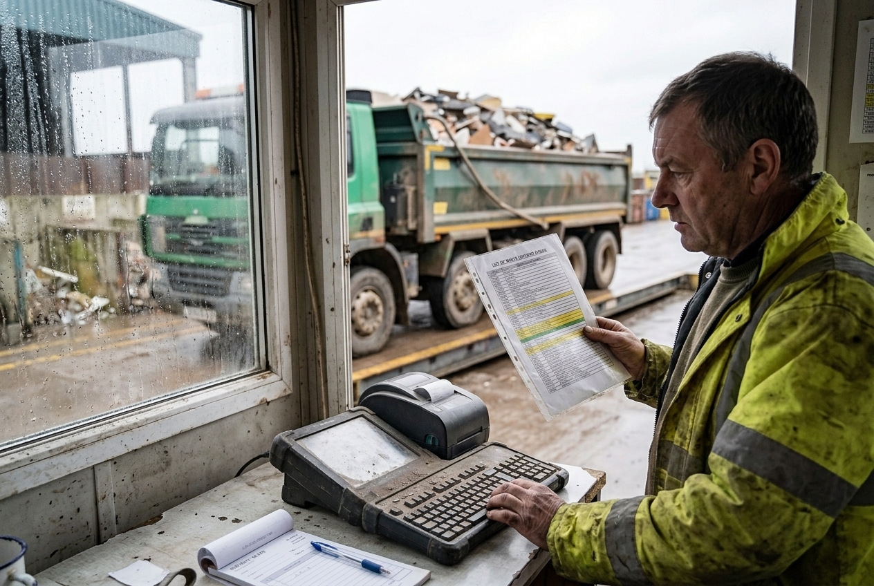 A middle-aged British weighbridge operator in worn hi-vis at the portacabin window, glancing from a laden green tipper on the plate to a laminated waste-code sheet in his hand as he decides which code the load takes