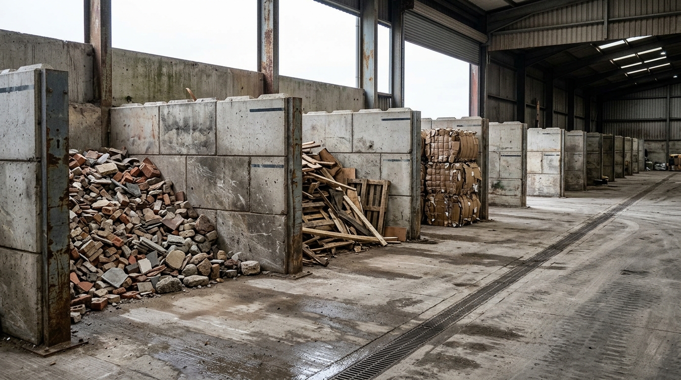 Segregated waste storage bays at a UK transfer station, divided by concrete push-wall blocks and holding rubble, scrap timber and baled cardboard within the bay walls, with a drainage channel across the swept concrete floor