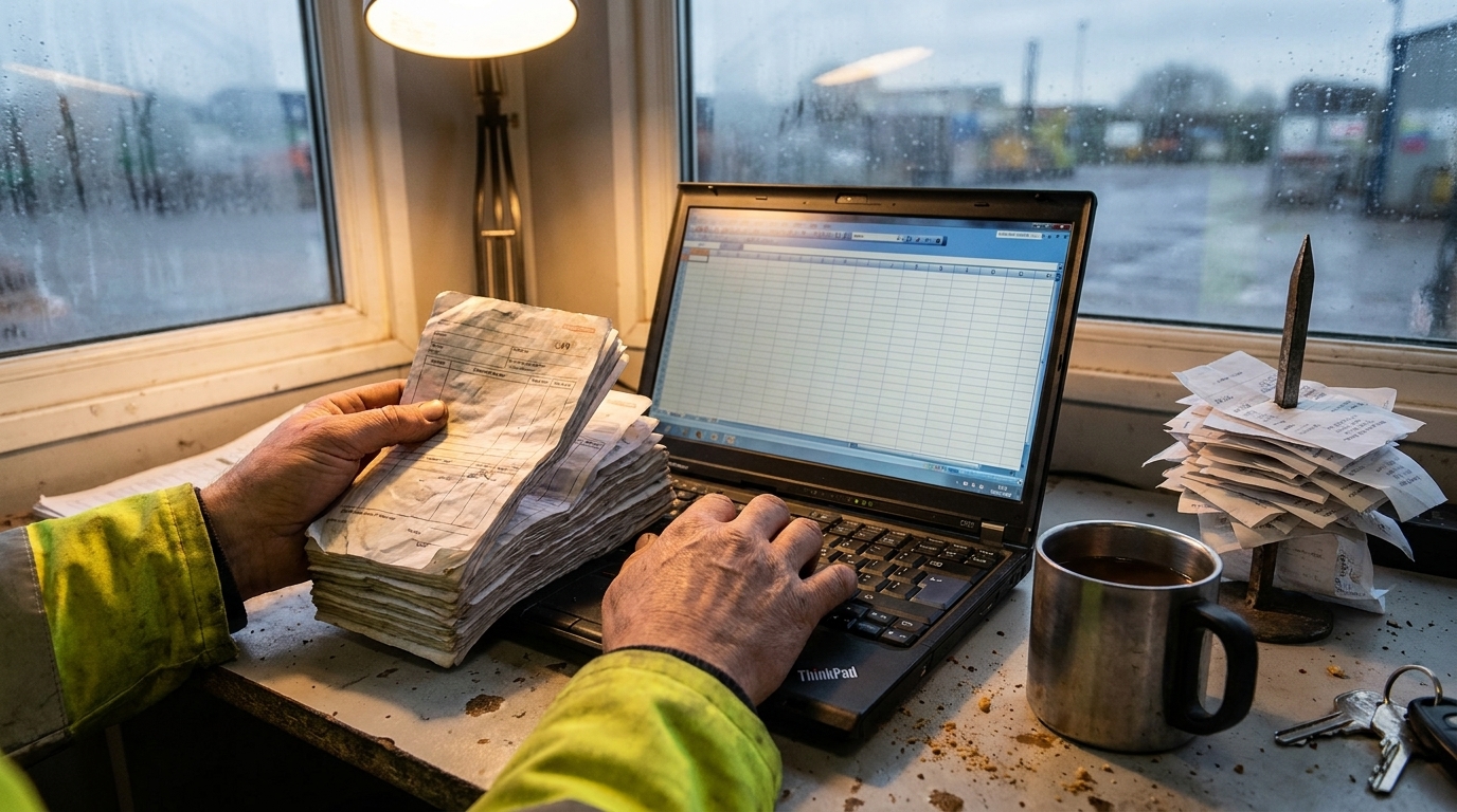 A weighbridge operator in worn hi-vis keying a thick stack of carbon-copy paper transfer tickets into a laptop spreadsheet at the end of the day, the yard visible through a rain-streaked portacabin window