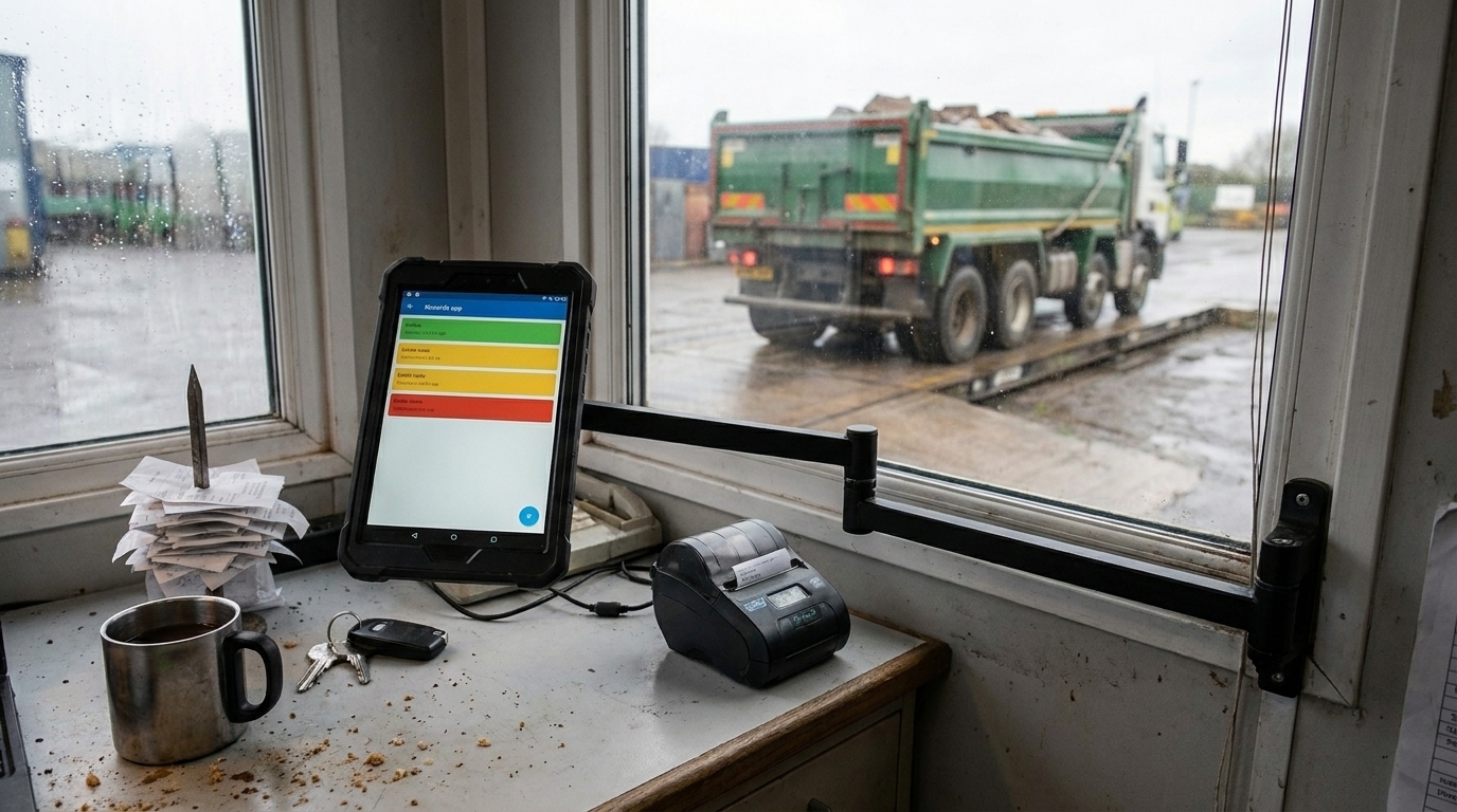 A rugged tablet mounted at the weighbridge window showing a simple load-record screen while a laden green tipper lorry sits on the weighbridge plate in the yard outside