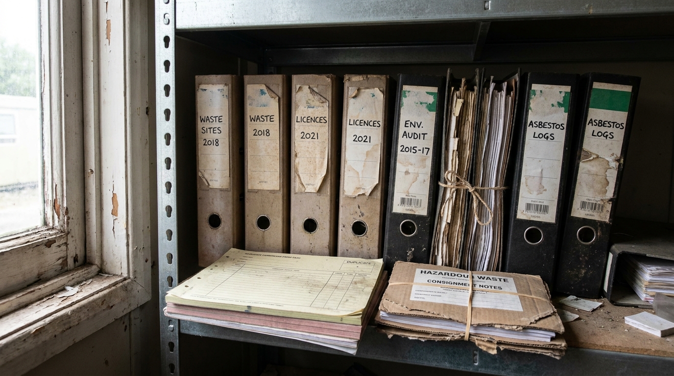 A metal shelf in a portacabin office holding worn, year-labelled lever-arch files for waste sites, licences and environmental audits, with a bundle of hazardous waste consignment notes and a duplicate transfer-note pad stacked in front.