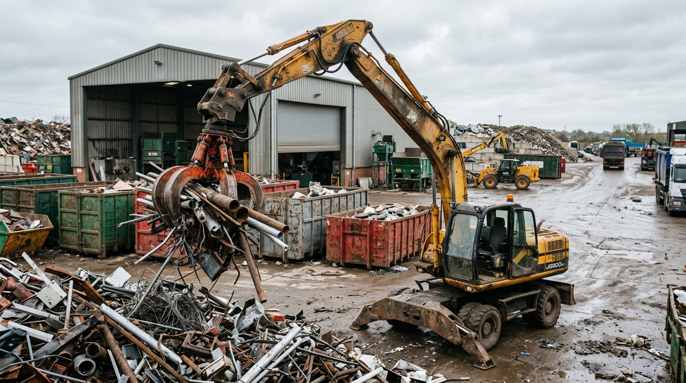 A material-handler grab crane working a stockpile of mixed metal and construction waste at a UK waste site, with skips and a transfer-station shed behind, under overcast daylight