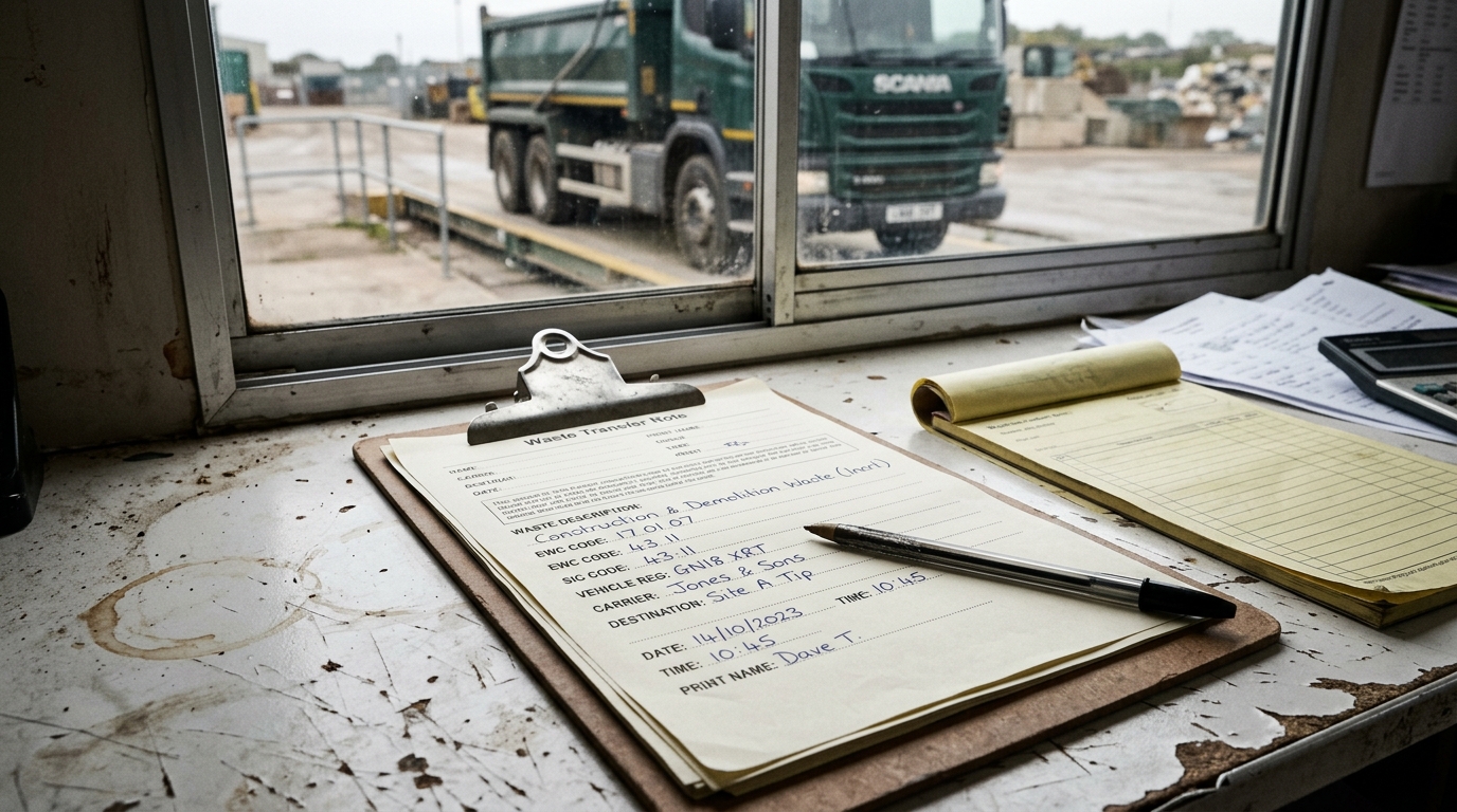 A part-completed paper waste transfer note on a clipboard on a weighbridge desk, describing a load of construction and demolition waste with its EWC code, a pen resting on the page, a lorry waiting on the weighbridge through the portacabin window