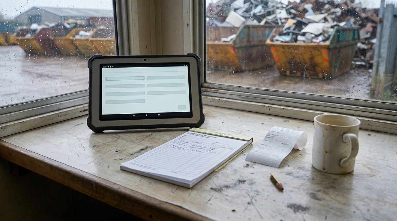 A rugged tablet showing a blank data-entry form on the weighbridge portacabin desk, next to a half-filled paper waste transfer note pad, a curled weighbridge ticket and a tea mug, with skips visible through a rain-speckled window