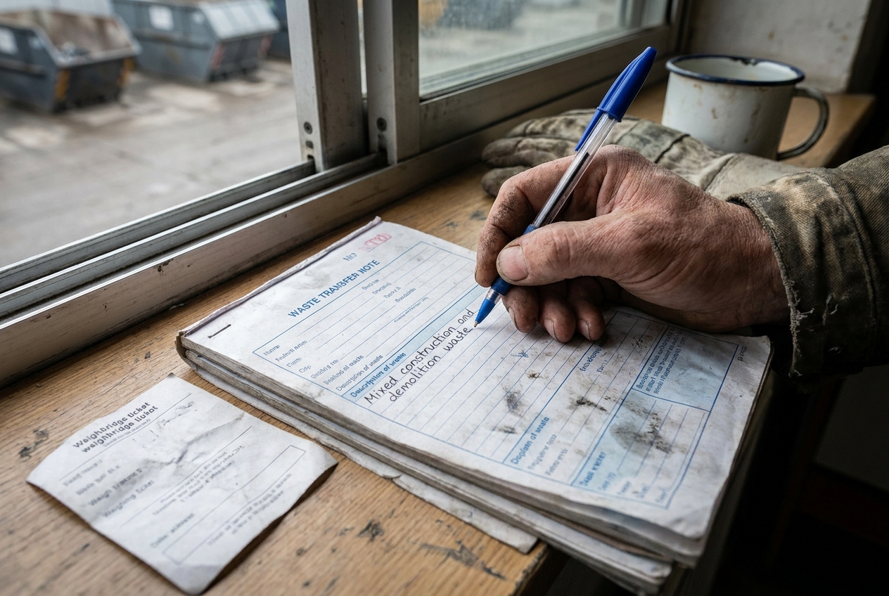 A gloved hand filling in the description-of-waste box on a carbon-copy paper waste transfer note pad on a weighbridge portacabin window ledge, the words "mixed construction and demolition waste" part written, an enamel mug and a weighbridge ticket beside it