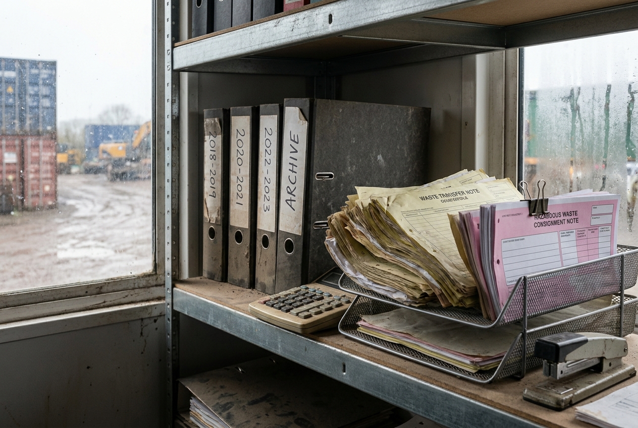 A shelf in a waste-site portacabin office with worn year-labelled lever-arch files and a wire tray holding filed carbon-copy waste transfer notes and a bundle of pink hazardous waste consignment notes, the yard visible through a misted window