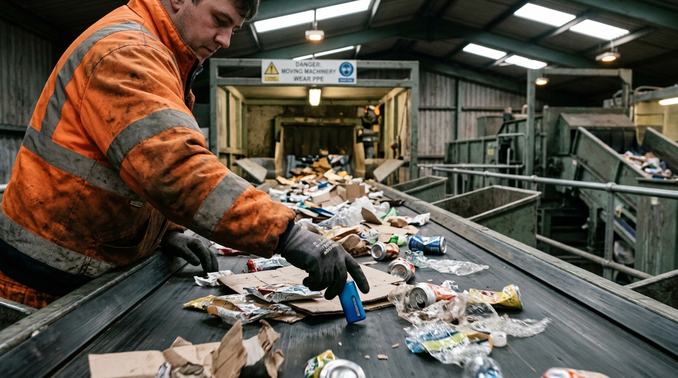 A waste-site operative in worn hi-vis and cut-resistant gloves leaning over a moving sorting conveyor, picking a blue disposable vape out of a stream of mixed household and commercial waste at a UK materials recovery facility