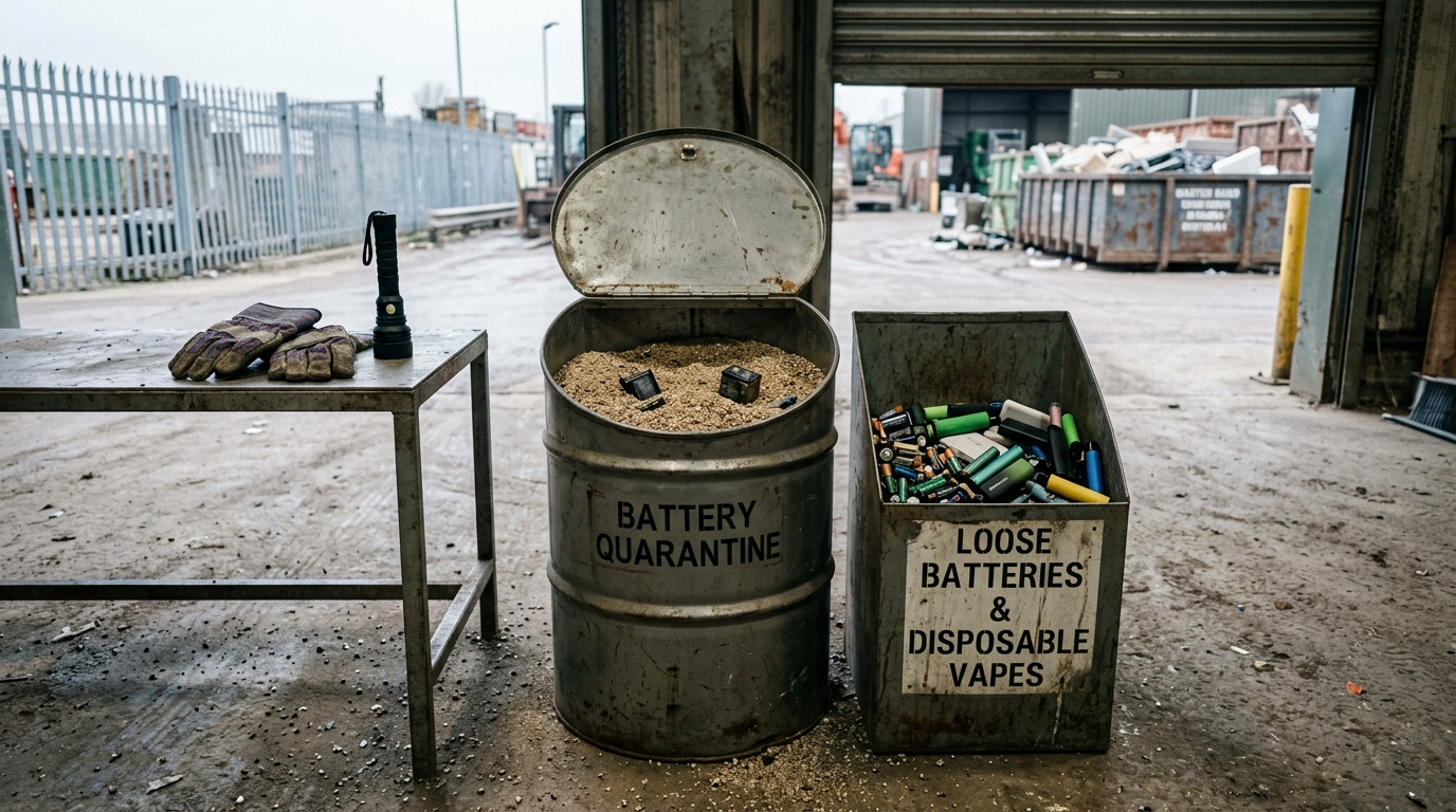 A battery quarantine point at a UK waste transfer station: a lidded steel drum part-filled with sand or vermiculite for damaged cells next to a labelled steel bin holding loose lithium batteries and disposable vapes, with work gloves and a torch on an inspection table