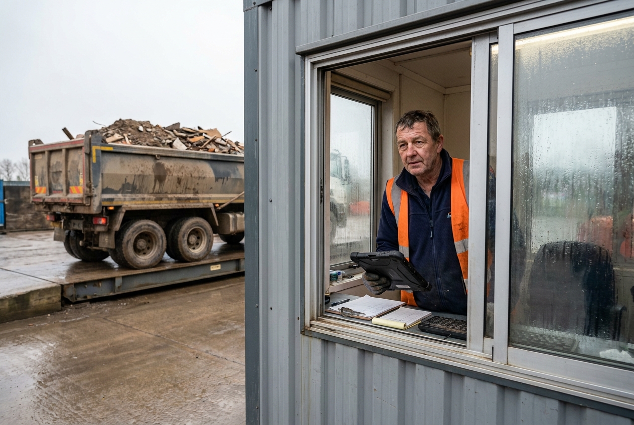 A UK weighbridge operator in worn hi-vis at the open portacabin window holding a rugged tablet, a mud-splattered right-hand-drive tipper loaded with mixed construction waste waiting on the weighbridge plate outside on a wet overcast morning