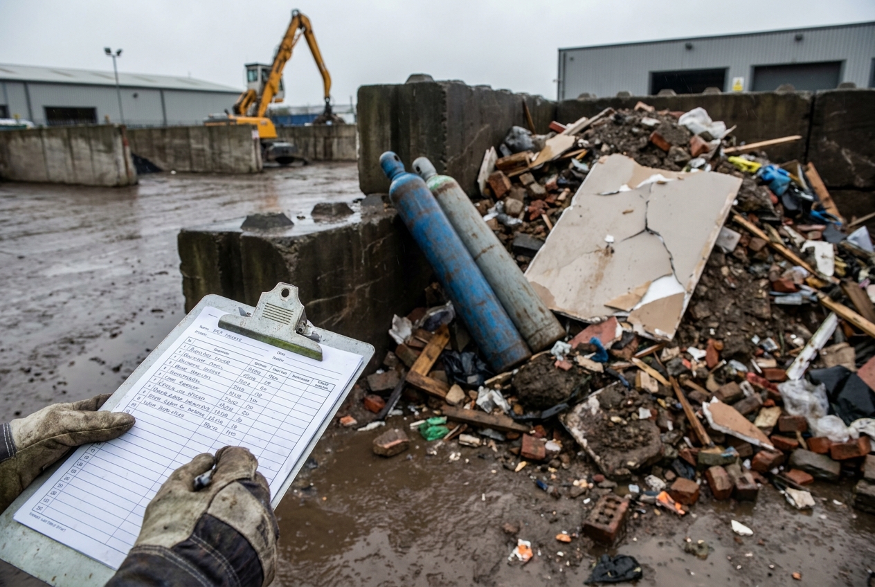 A gloved hand holding a clipboard in the foreground at a UK transfer station, with a just-tipped pile of mixed construction waste contaminated by gas cylinders and broken plasterboard on wet concrete, a grab crane working in the background under grey skies