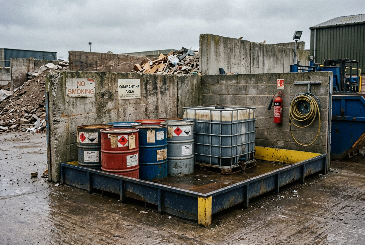 A permitted waste site's quarantine bay under inspection: labelled hazard drums and an IBC in a bunded drip-tray with a fire extinguisher and hose reel on the wall behind.
