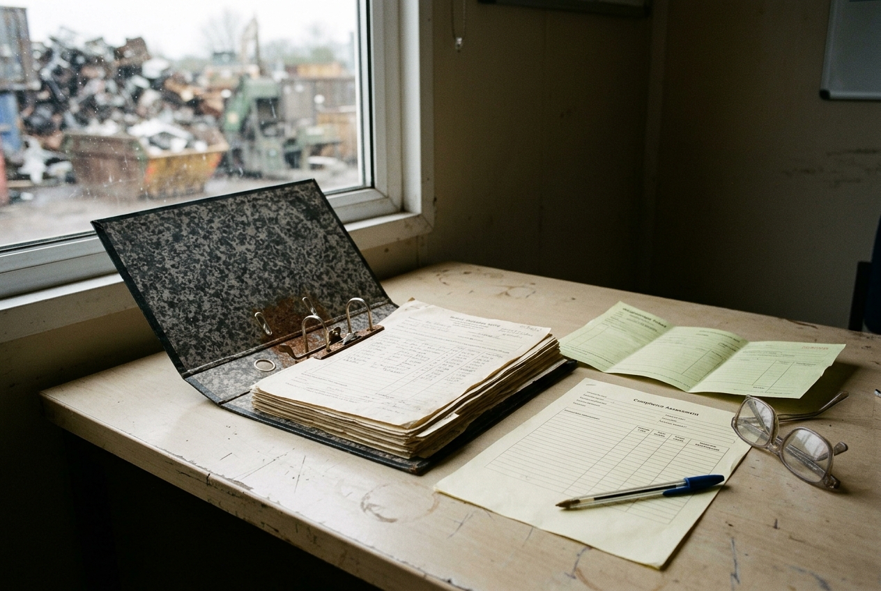 An open lever-arch file of waste transfer notes and pre-acceptance records beside a printed compliance assessment form and a weighbridge ticket on a waste-site office desk, with the scrap yard visible through the window.
