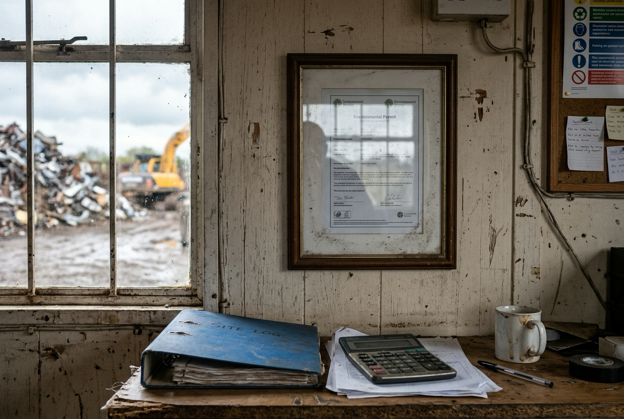 A framed environmental permit on a UK scrap yard office wall, beside a site log file and a calculator on the desk