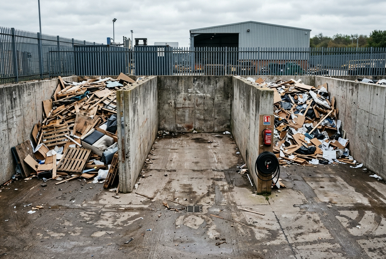 Two combustible waste stockpiles in separate concrete bays with a fire-break gap, a fire extinguisher point and a hose reel between them