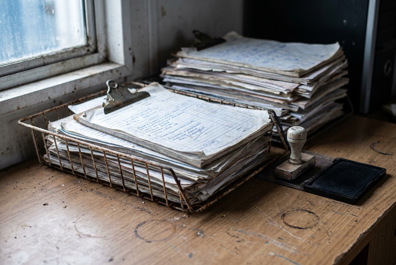 A wire desk tray in a portacabin office overflowing with completed carbonless waste transfer note and consignment note pads, a rubber stamp and ink pad beside them.