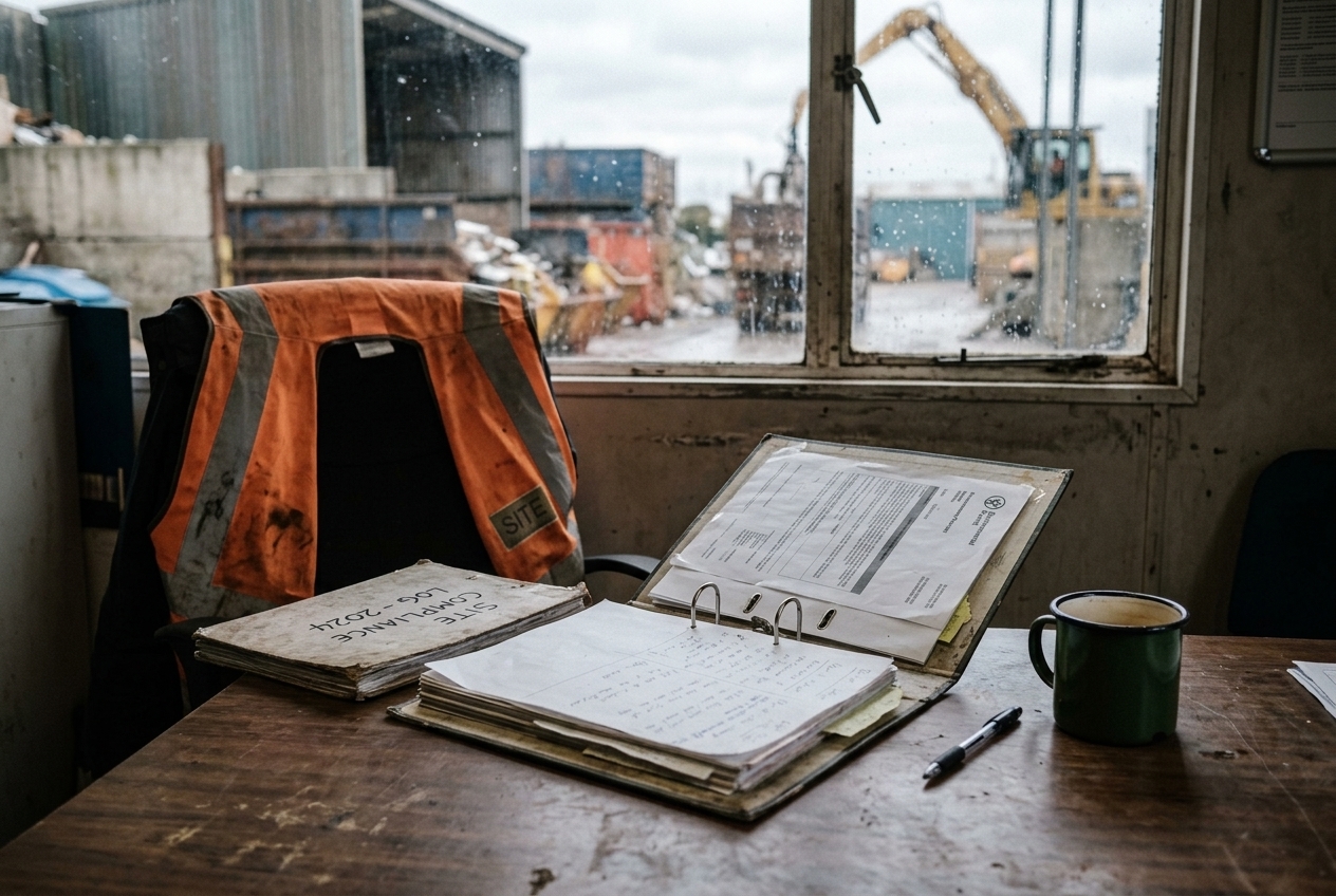 A worn site compliance log and a printed environmental permit open on a UK waste-site portacabin desk, with the scrap yard visible through a rain-speckled window.